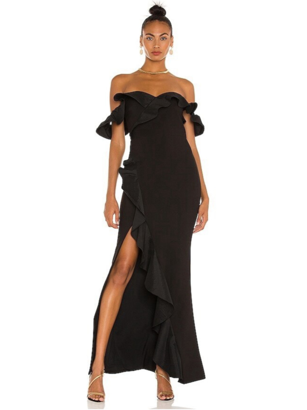 LIKELY Miller Gown Size 4 NWT Black Ruffled Off Shoulder Mermaid Slit Sexy $378